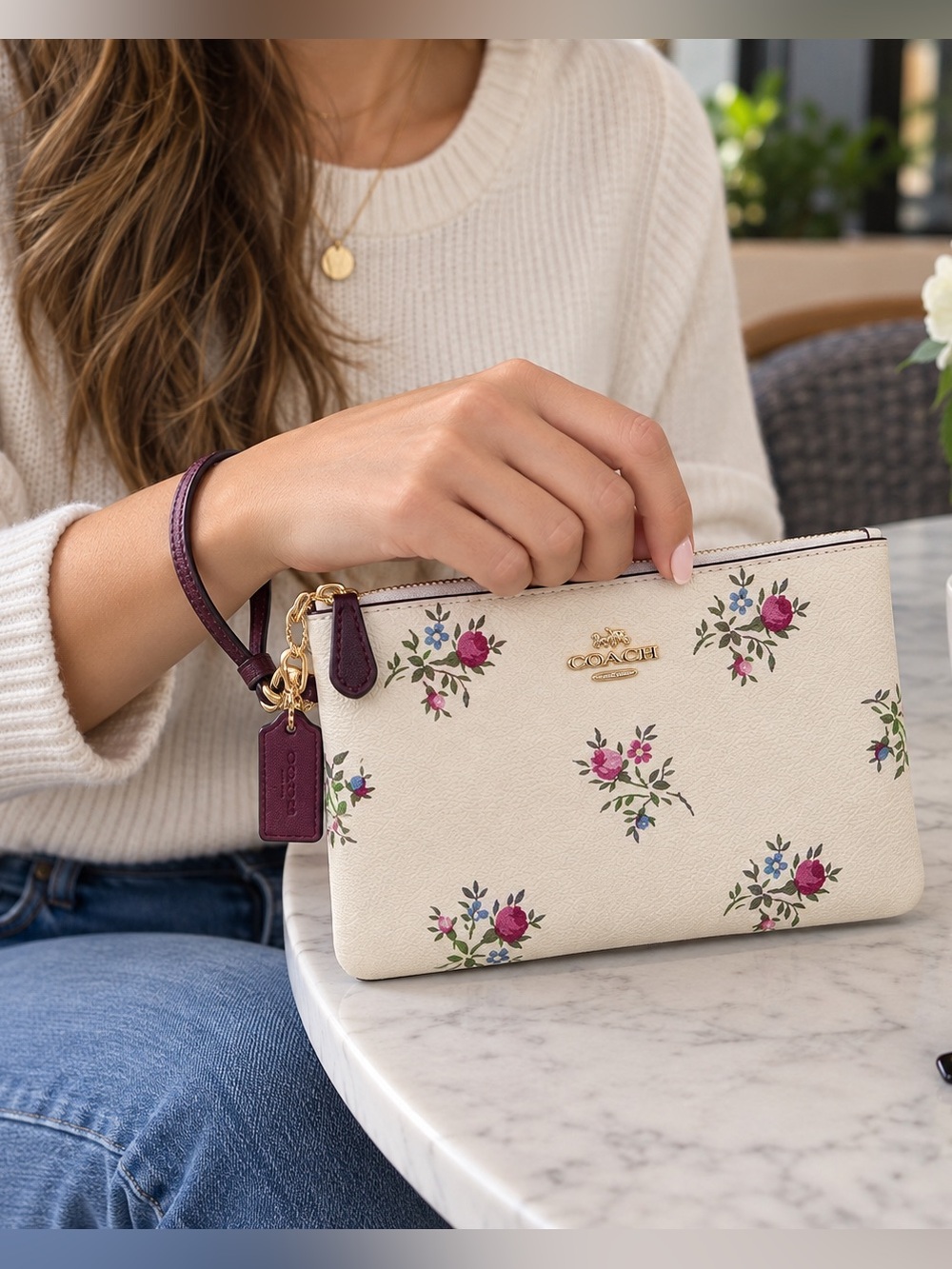Coach 22835 Cross Stitch Prairie Floral Leather Wristlet NWT Box Ivory Multi